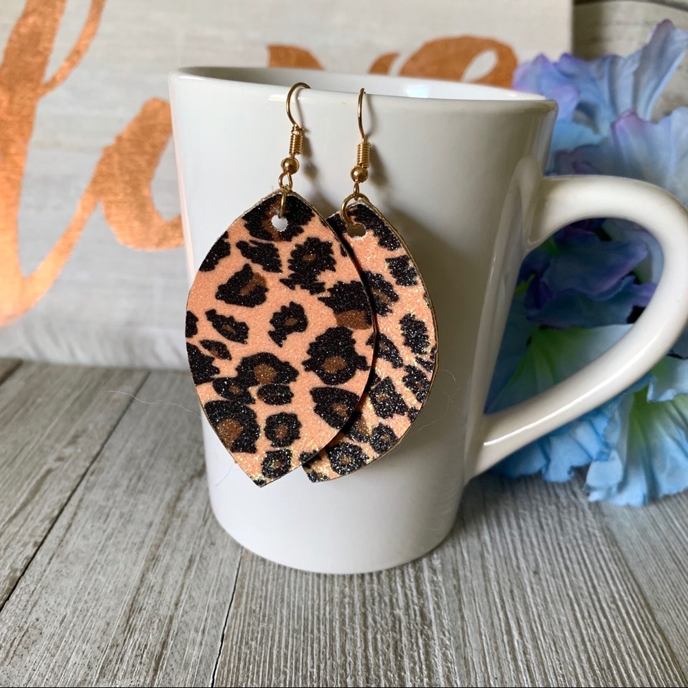 NWT Cheetah Shimmer Faux Leather & Cork Earrings - Picture 1 of 7